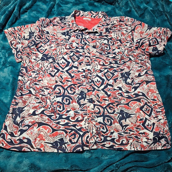 Columbia XXL 2TG Fishing Shirt Red Blue Pattern Button Up Short Sleeve - Picture 1 of 7